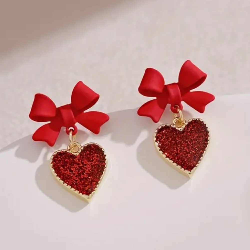 Sparkling Red Heart Enamel Glitter Bow Stud Earrings - Picture 2 of 2